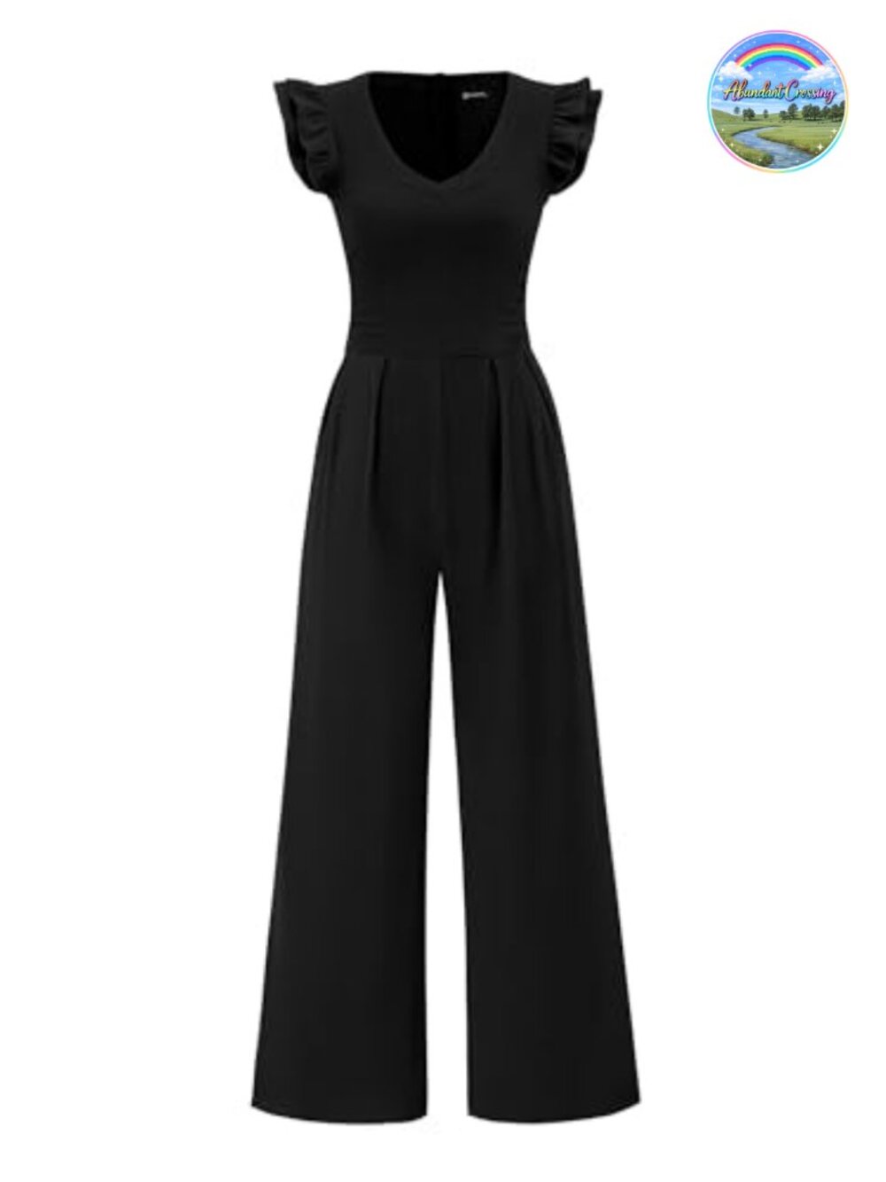 Women's V-Neck Ruffle Cap Sleeve Wide Leg Jumpsuit Stretch Knit
